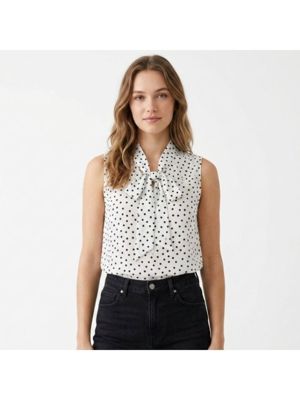 A New Day Sleeveless Polka Dot Blouse White Black Bow Neck Women Size M Office